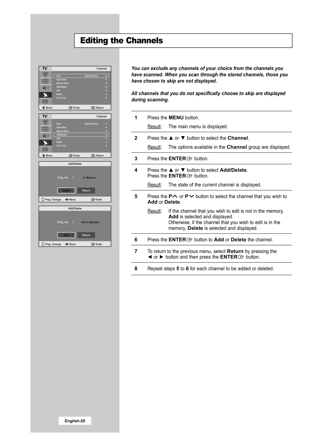 Samsung LA22N21B manual Editing the Channels, English-20 