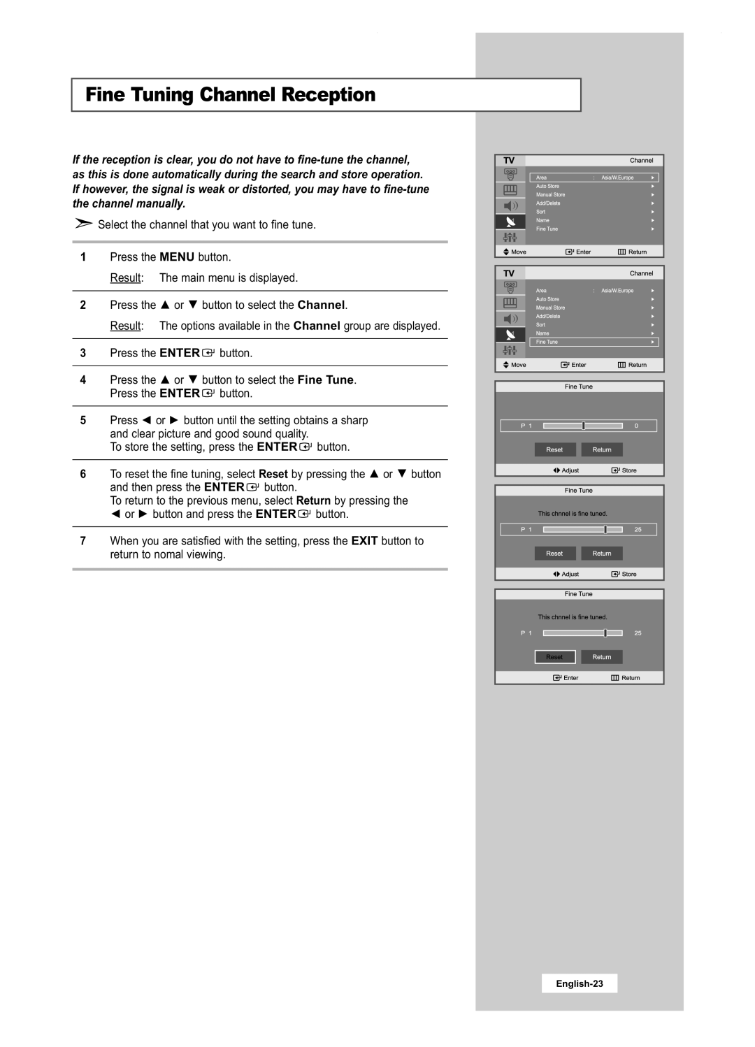 Samsung LA22N21B manual Fine Tuning Channel Reception, English-23 