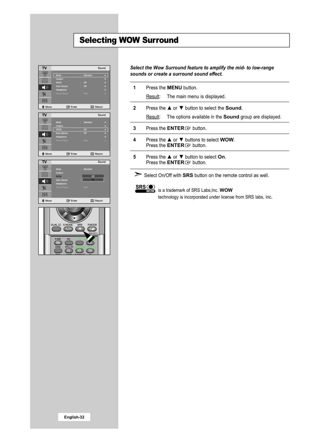 Samsung LA22N21B manual Selecting WOW Surround, English-32 
