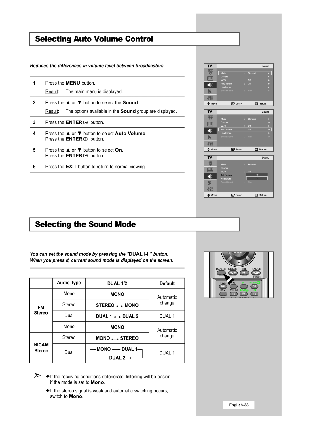 Samsung LA22N21B Selecting Auto Volume Control, Selecting the Sound Mode, Audio Type, DUAL 1/2, Default, Stereo, Mono 