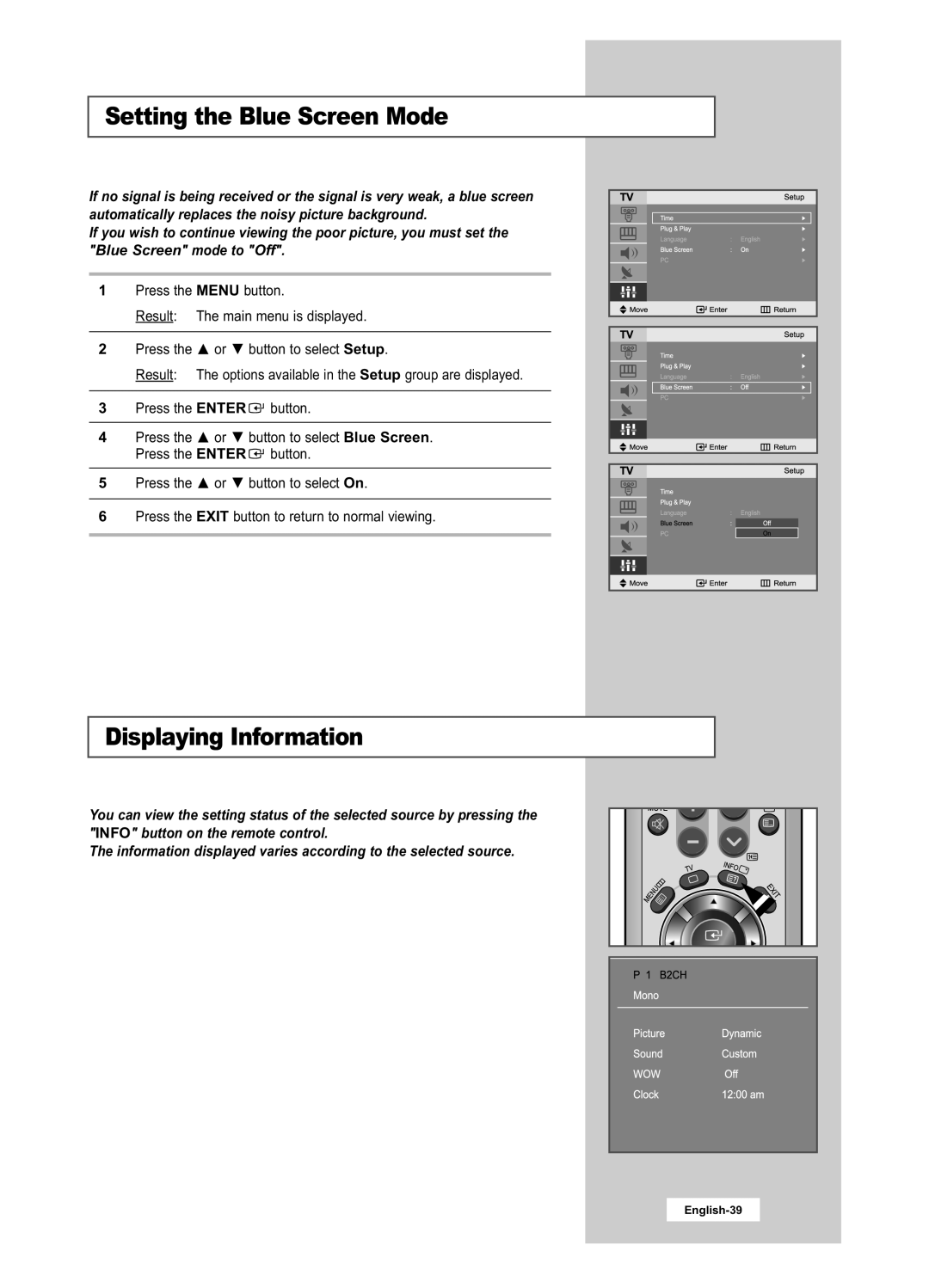 Samsung LA22N21B manual Setting the Blue Screen Mode, Displaying Information 