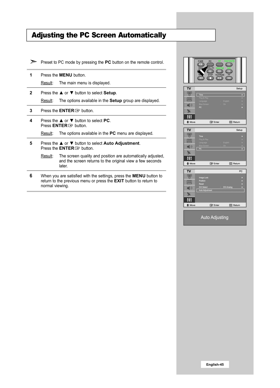Samsung LA22N21B manual Adjusting the PC Screen Automatically, English-45 