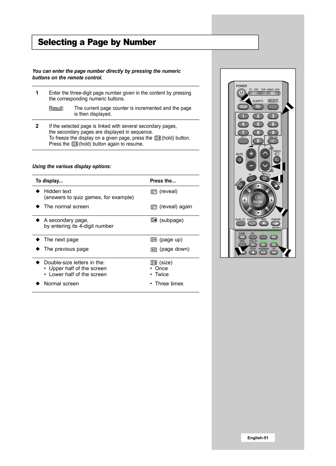 Samsung LA22N21B manual Selecting a Page by Number, Using the various display options, To display, Press the 