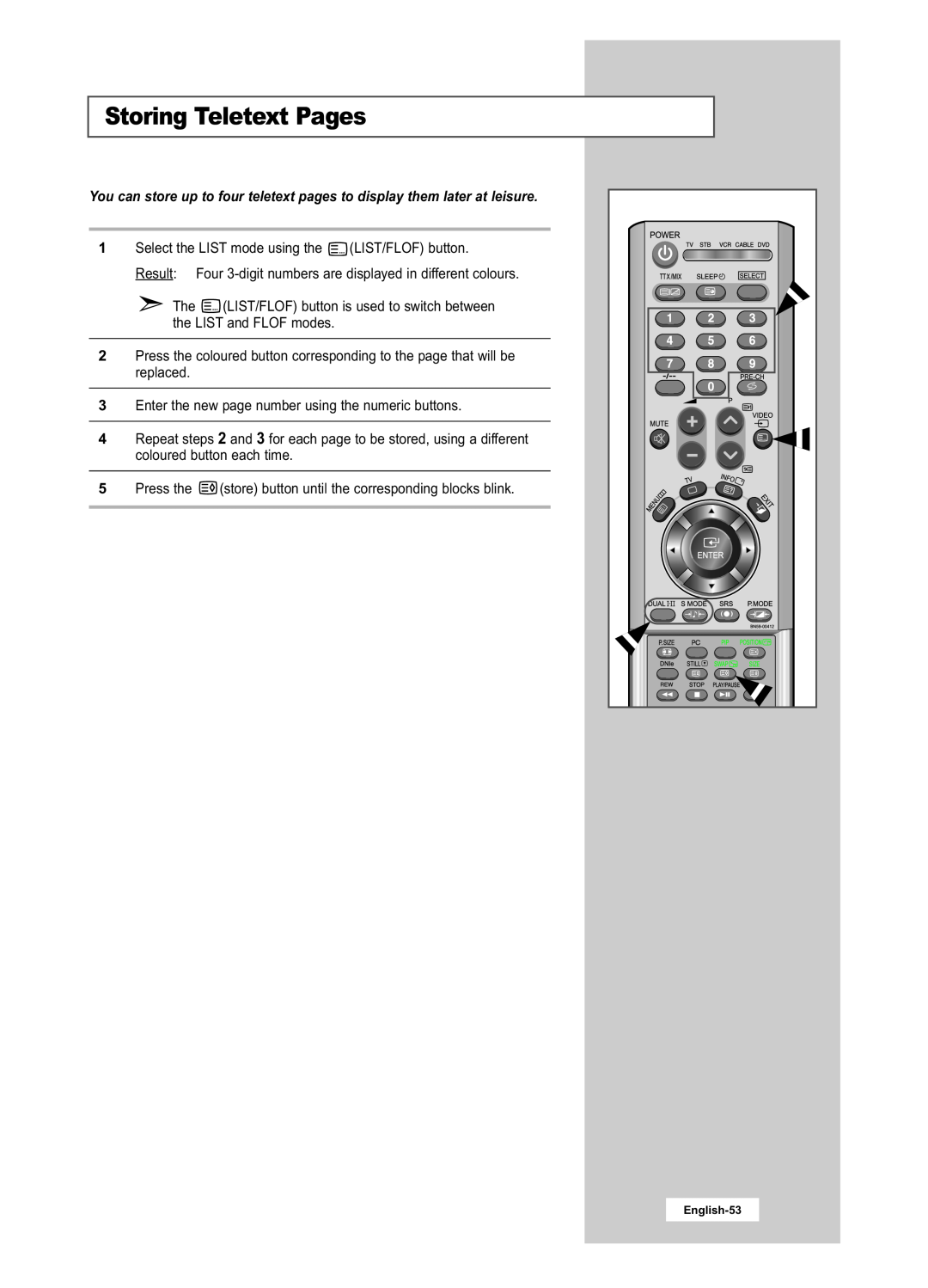 Samsung LA22N21B manual Storing Teletext Pages 