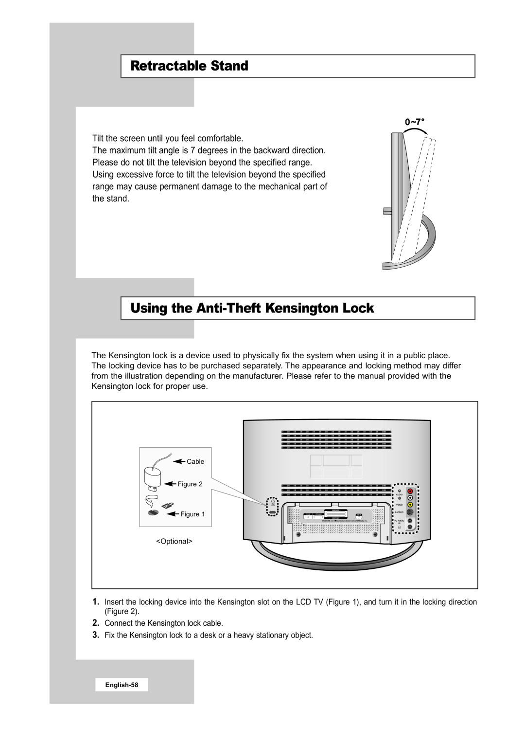 Samsung LA22N21B manual Retractable Stand, Using the Anti-Theft Kensington Lock 