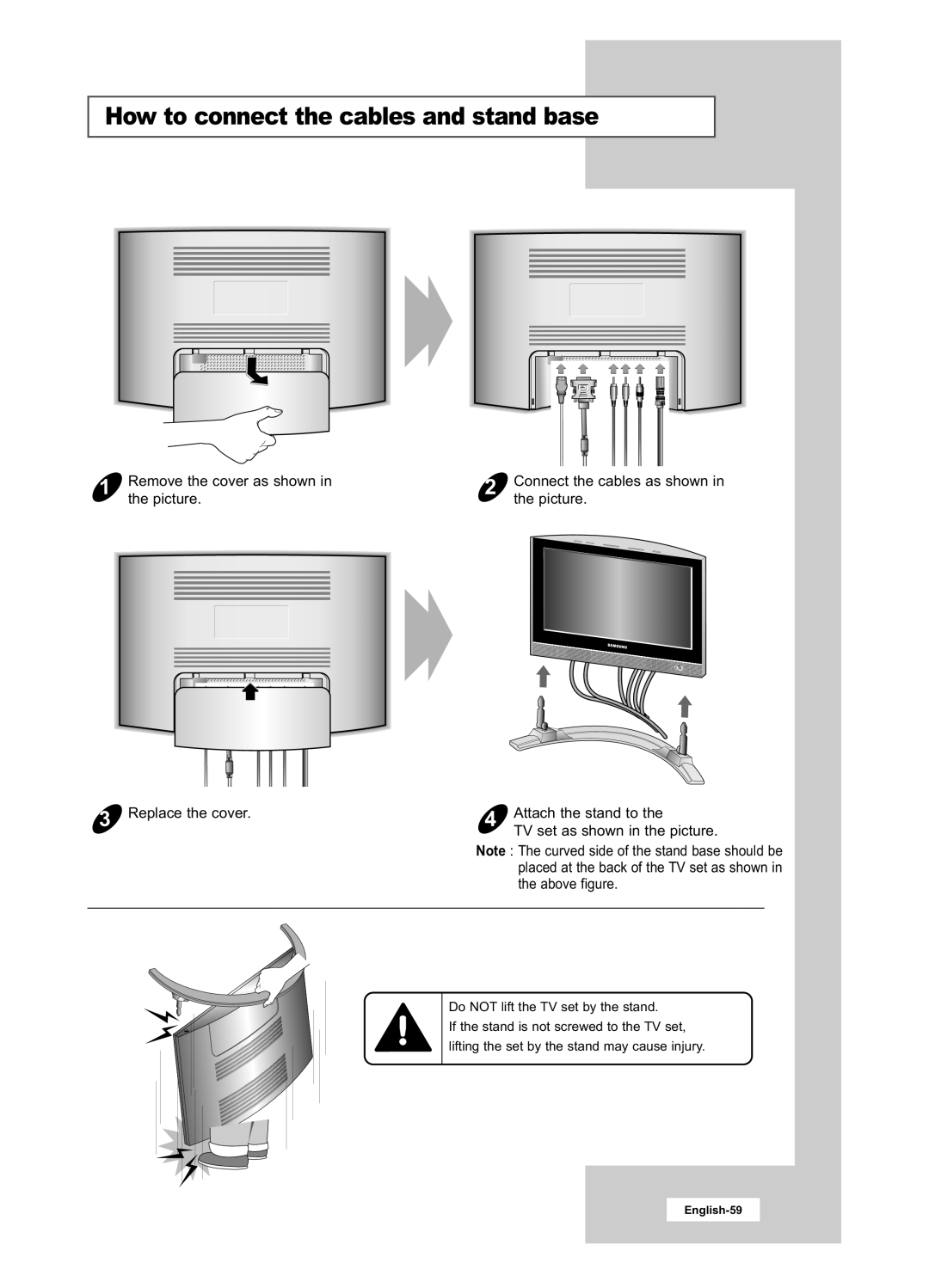 Samsung LA22N21B manual How to connect the cables and stand base 