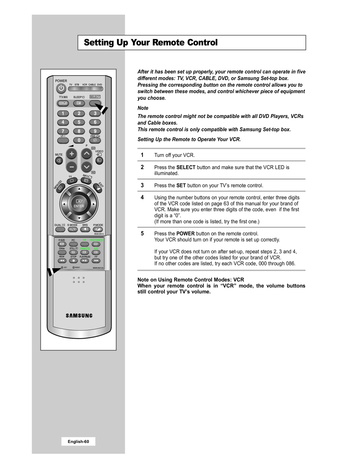 Samsung LA22N21B manual Setting Up Your Remote Control, This remote control is only compatible with Samsung Set-top box 