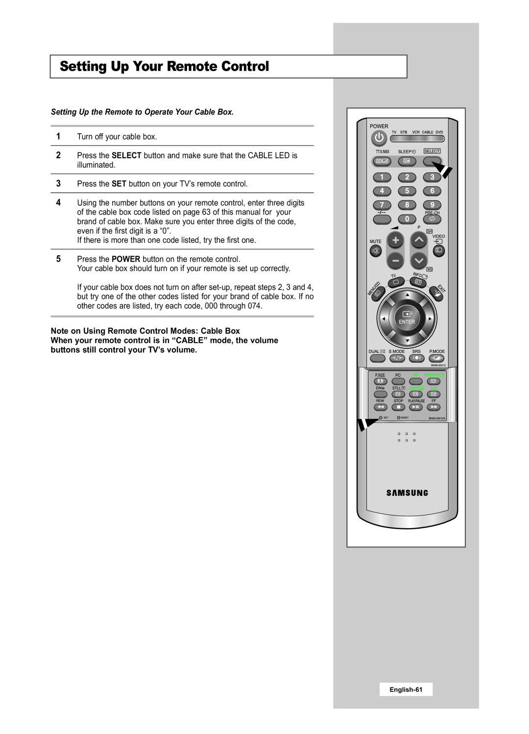 Samsung LA22N21B manual Setting Up the Remote to Operate Your Cable Box, Note on Using Remote Control Modes Cable Box 