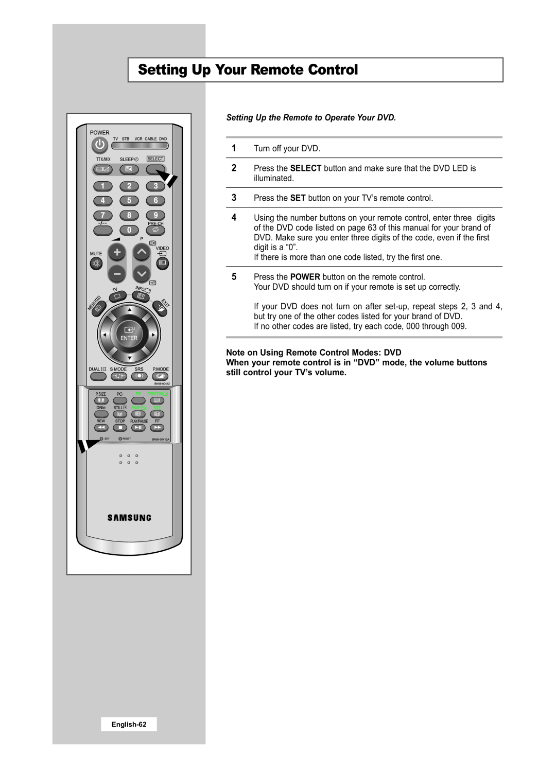 Samsung LA22N21B manual Setting Up the Remote to Operate Your DVD, Note on Using Remote Control Modes DVD 