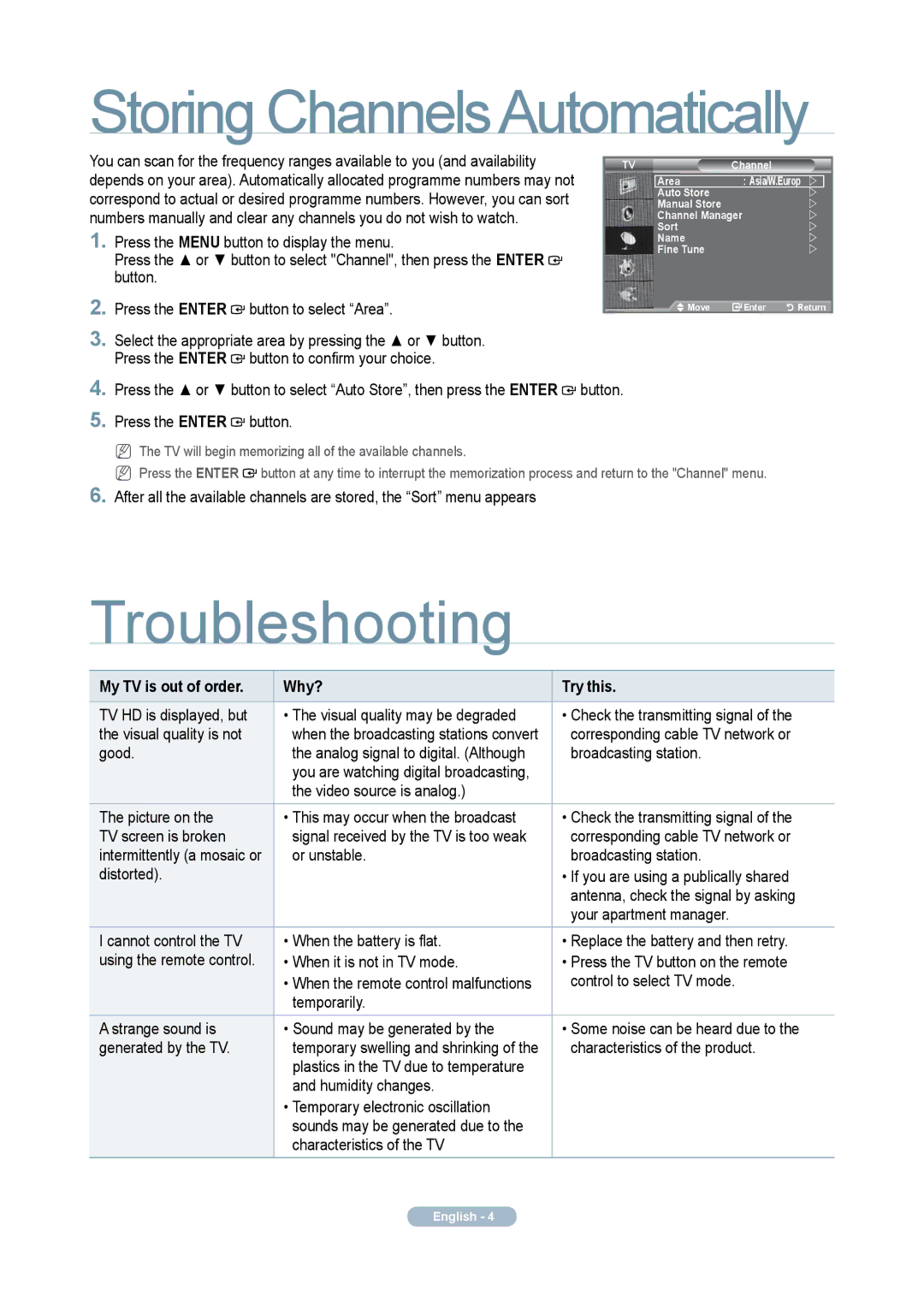 Samsung LA32A330J1N quick start Storing ChannelsAutomatically, Troubleshooting, My TV is out of order Why? Try this 