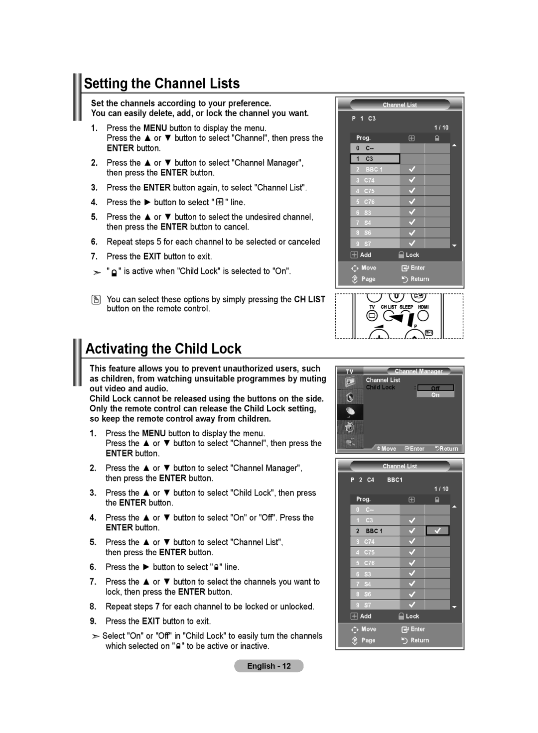 Samsung LA46S8, LA32S8, LA40S8, LA37S8 manual Setting the Channel Lists, Activating the Child Lock 