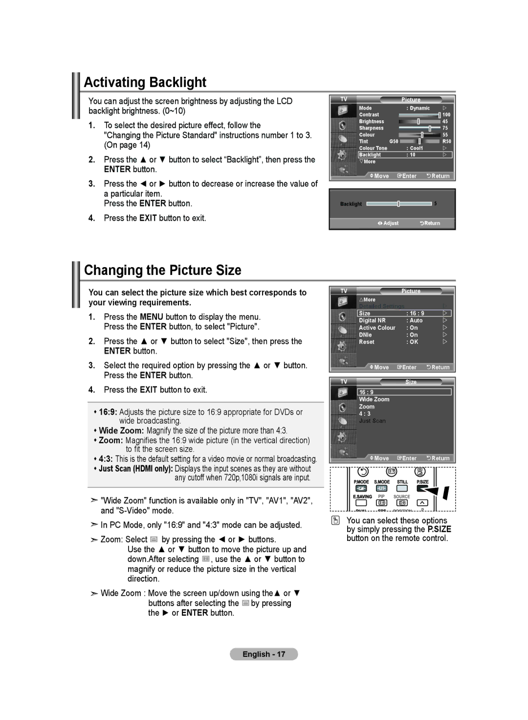 Samsung LA37S8, LA32S8, LA40S8, LA46S8 manual Activating Backlight, Changing the Picture Size 