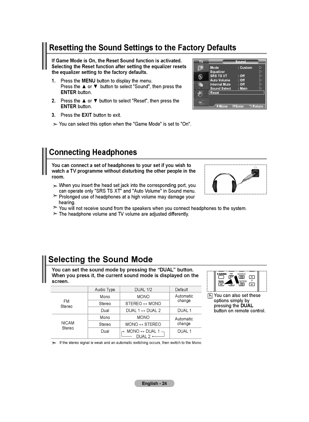 Samsung LA46S8 manual Resetting the Sound Settings to the Factory Defaults, Connecting Headphones, Selecting the Sound Mode 