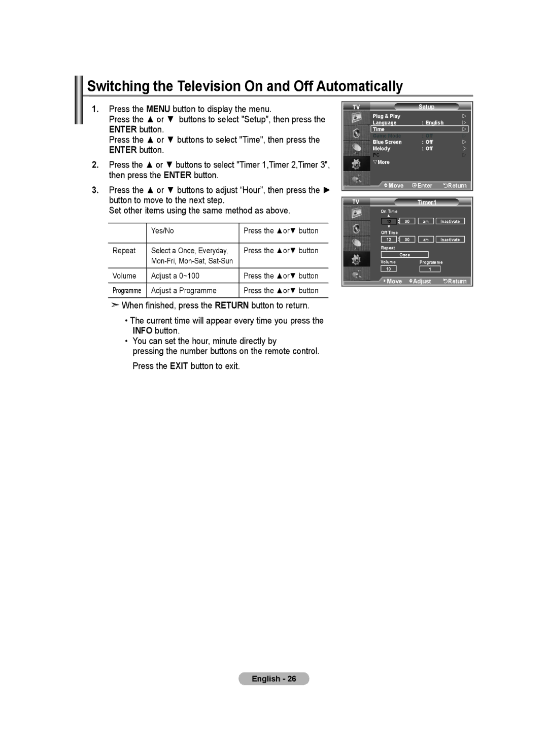 Samsung LA32S8, LA40S8, LA46S8, LA37S8 manual Switching the Television On and Off Automatically 