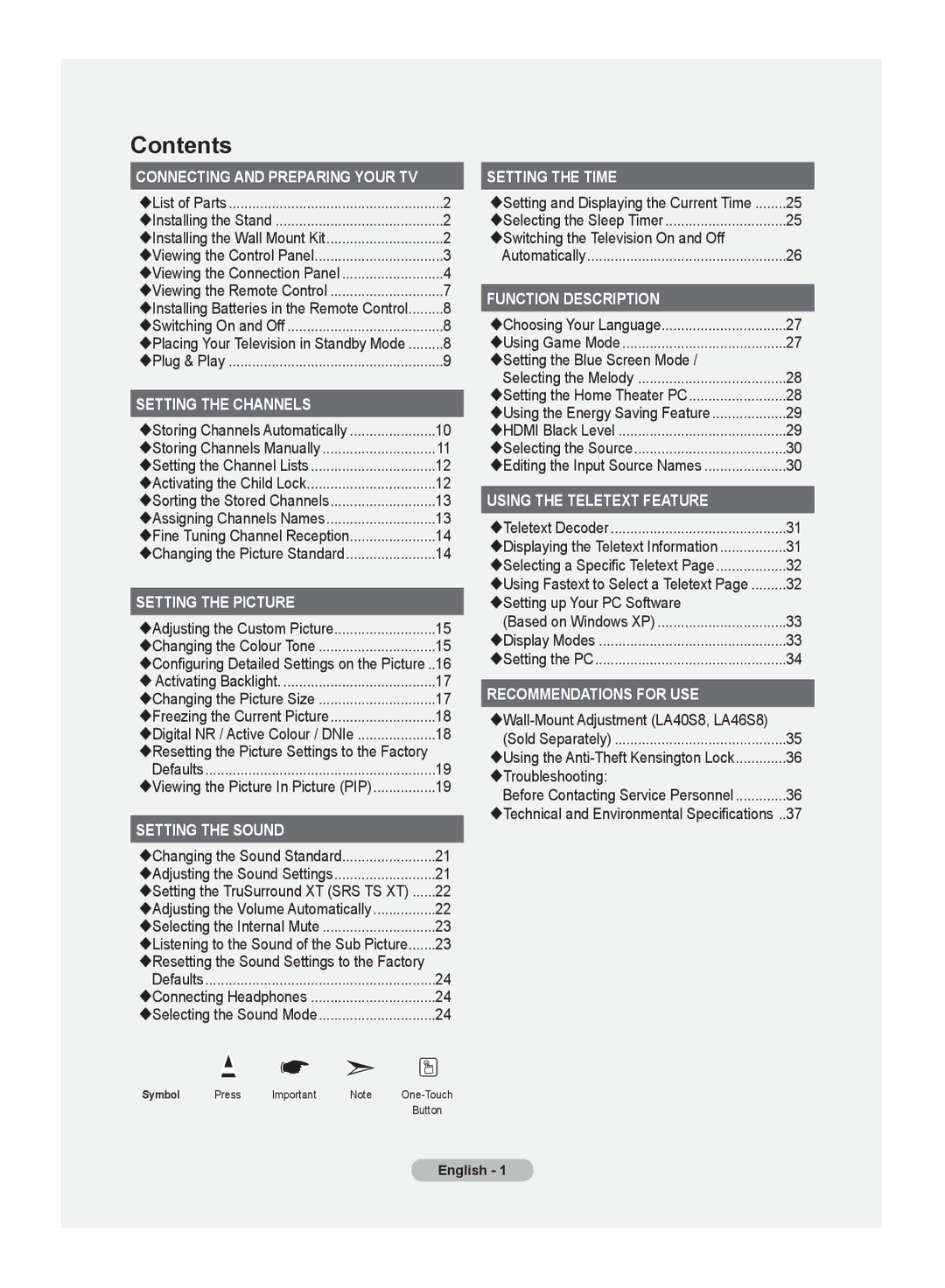 Samsung LA37S8, LA32S8, LA40S8, LA46S8 manual Contents 