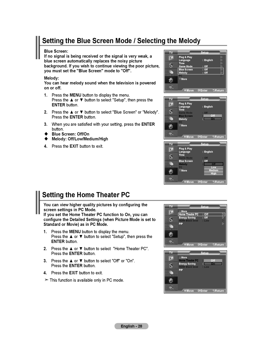 Samsung LA46S8, LA32S8, LA40S8, LA37S8 manual Setting the Blue Screen Mode / Selecting the Melody, Setting the Home Theater PC 