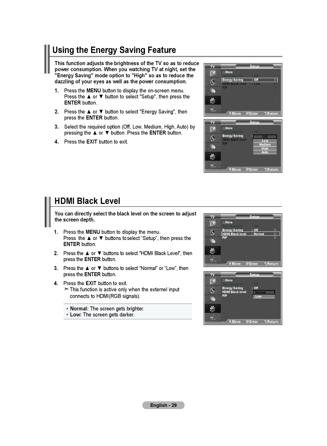 Samsung LA37S8, LA32S8, LA40S8, LA46S8 manual Using the Energy Saving Feature, Hdmi Black Level 