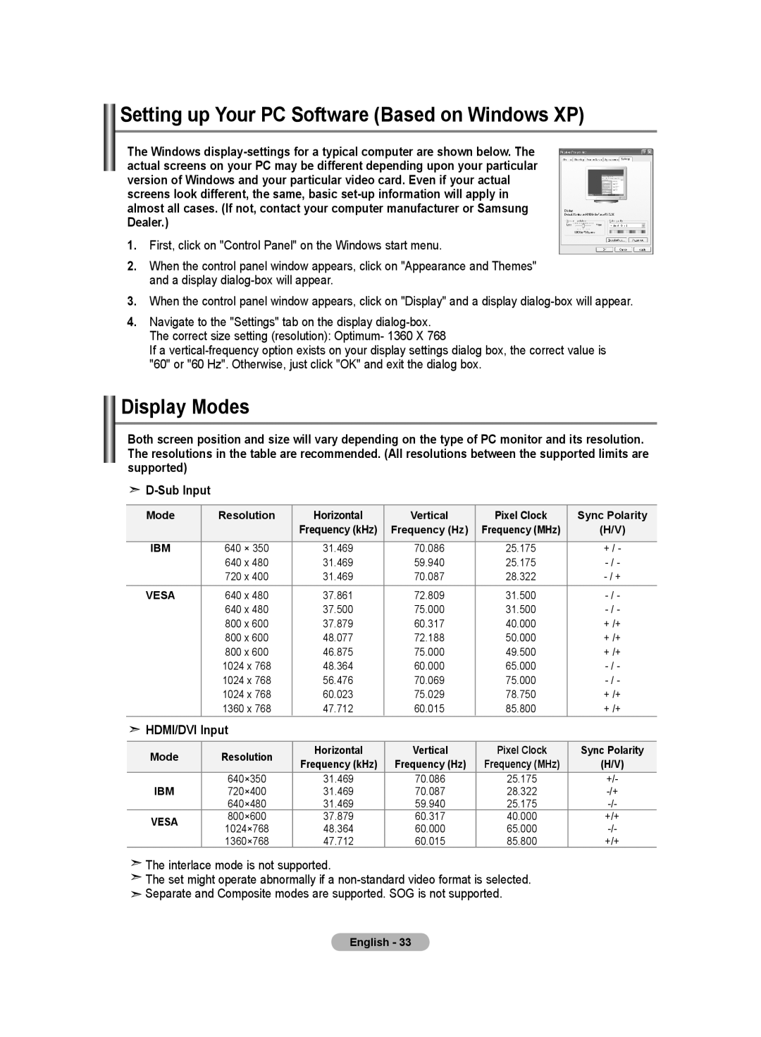 Samsung LA37S8, LA32S8, LA40S8, LA46S8 manual Setting up Your PC Software Based on Windows XP, Display Modes, HDMI/DVI Input 