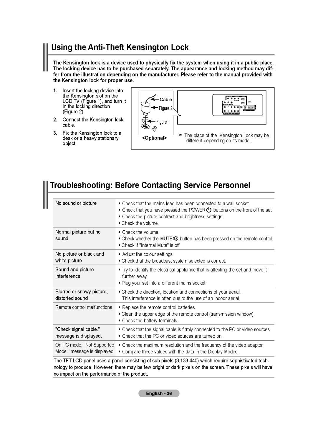Samsung LA46S8, LA32S8 Using the Anti-Theft Kensington Lock, Troubleshooting Before Contacting Service Personnel, Optional 
