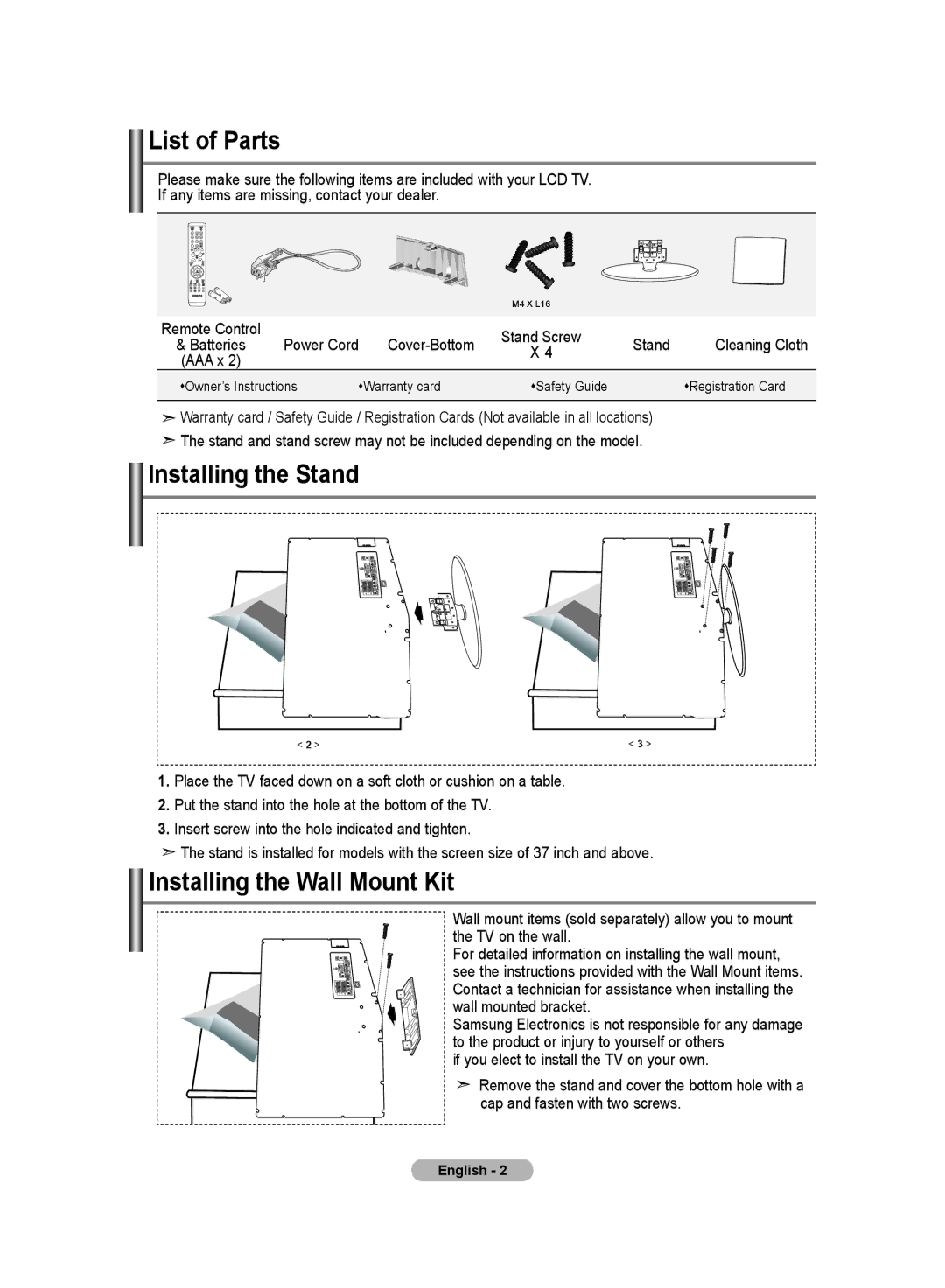 Samsung LA32S8, LA40S8, LA46S8, LA37S8 manual List of Parts, Installing the Stand, Installing the Wall Mount Kit, Stand Screw 