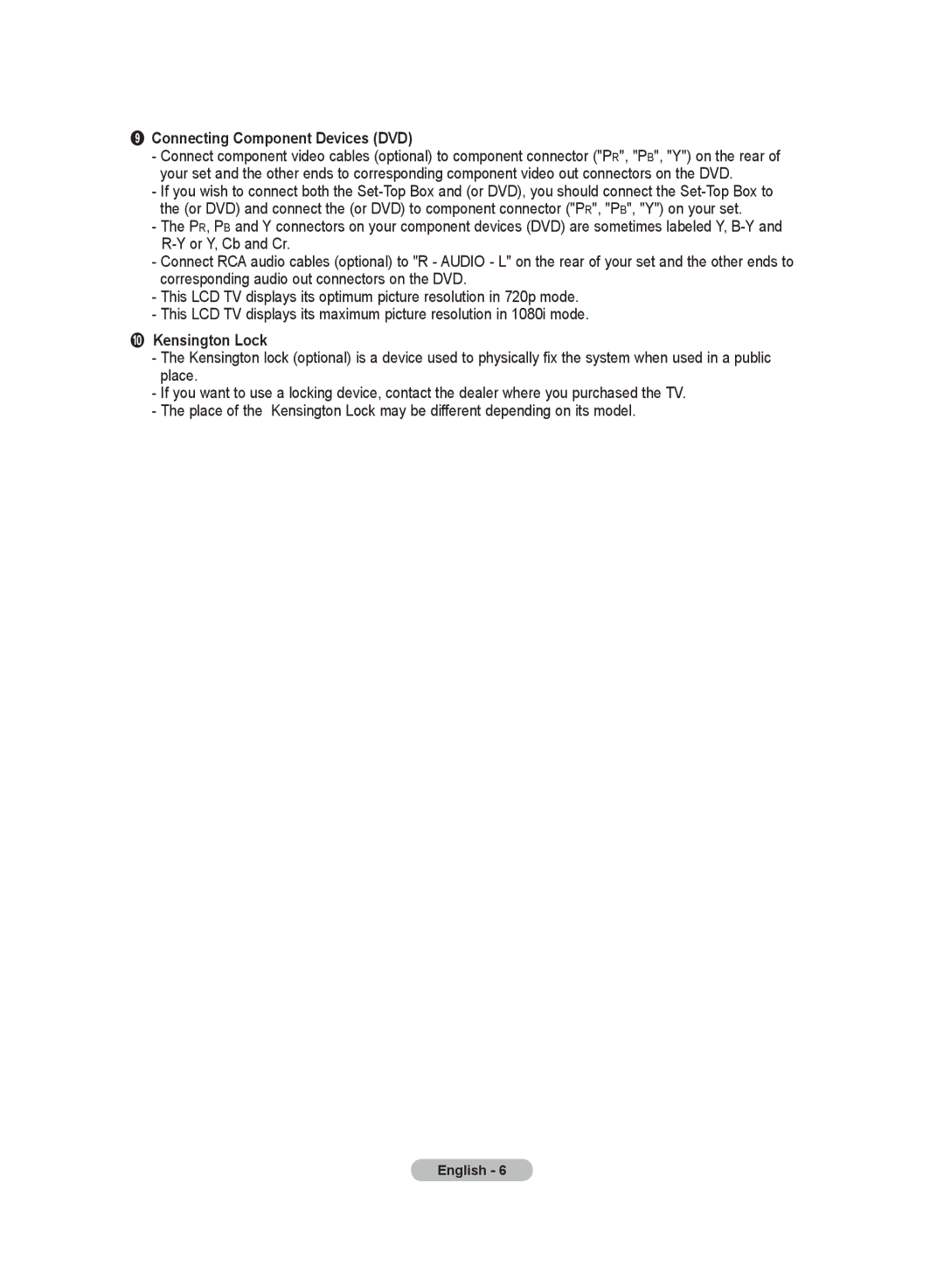 Samsung LA32S8, LA40S8, LA46S8, LA37S8 manual Connecting Component Devices DVD, Kensington Lock 