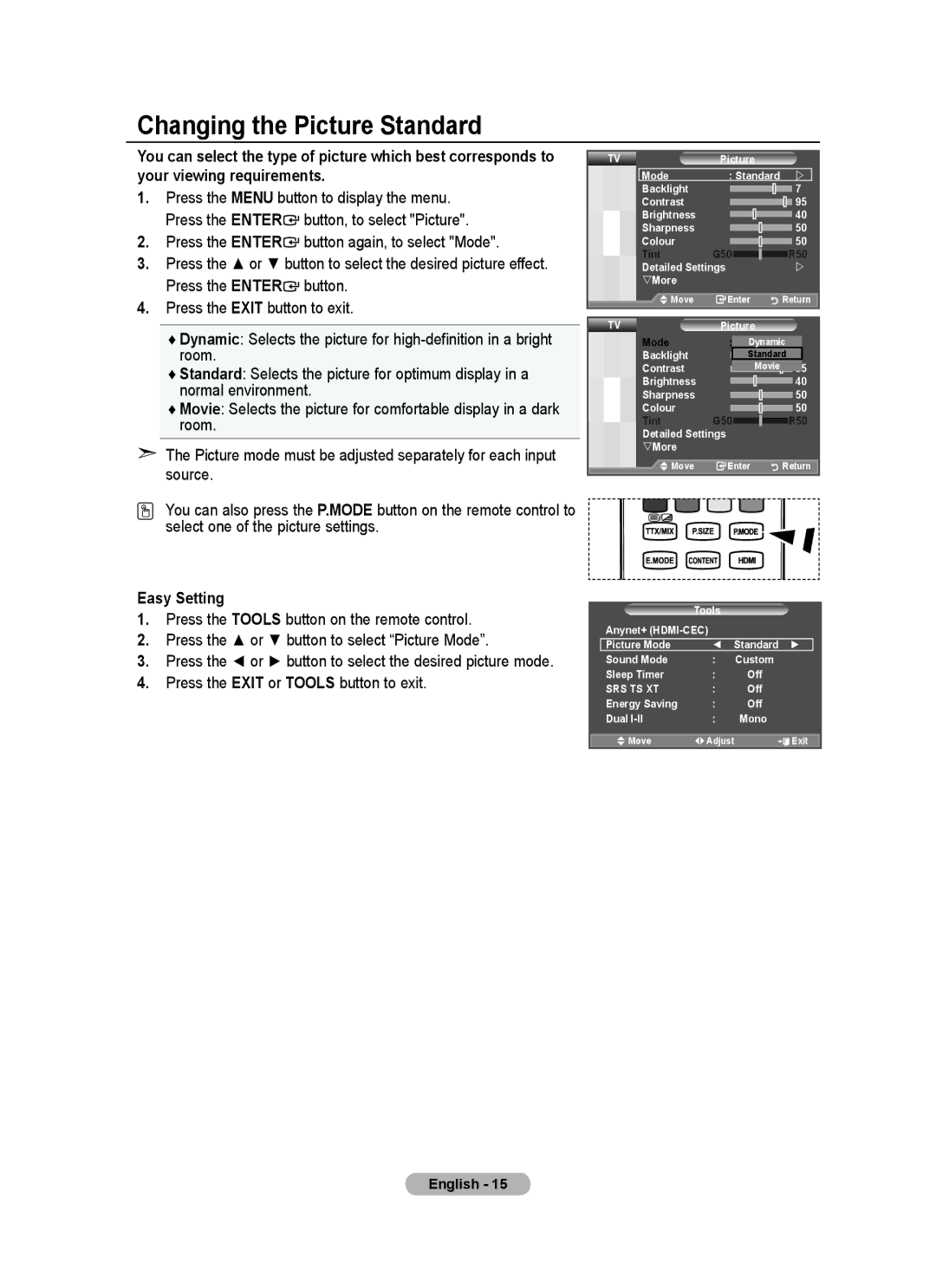 Samsung LA46A750R1R, LA40A750R1R Changing the Picture Standard, Press the Enter button again, to select Mode, Easy Setting 