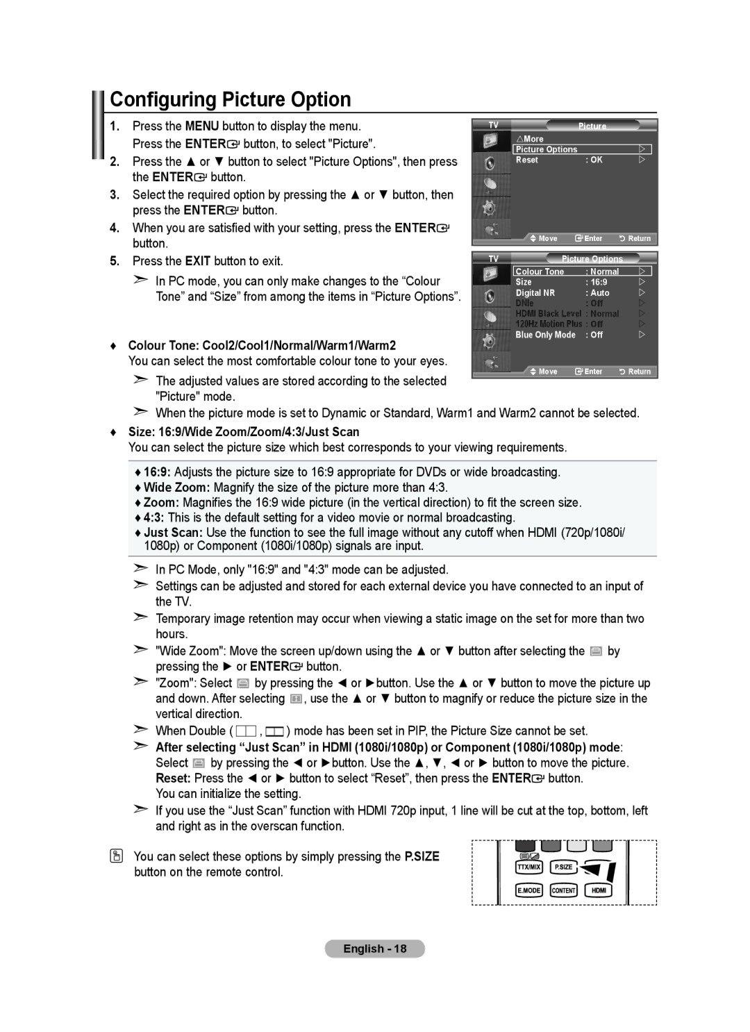 Samsung LA46A750R1R, LA40A750R1R, LA52A750R1R Configuring Picture Option, Press the Enter button, to select Picture 