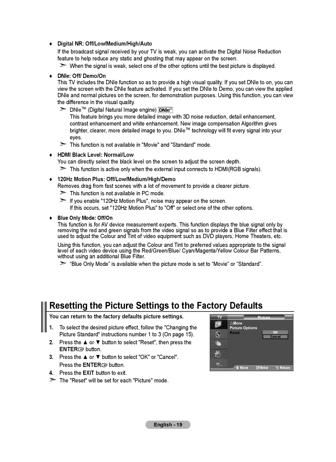 Samsung LA40A750R1R, LA52A750R1R, LA46A750R1R user manual Resetting the Picture Settings to the Factory Defaults 