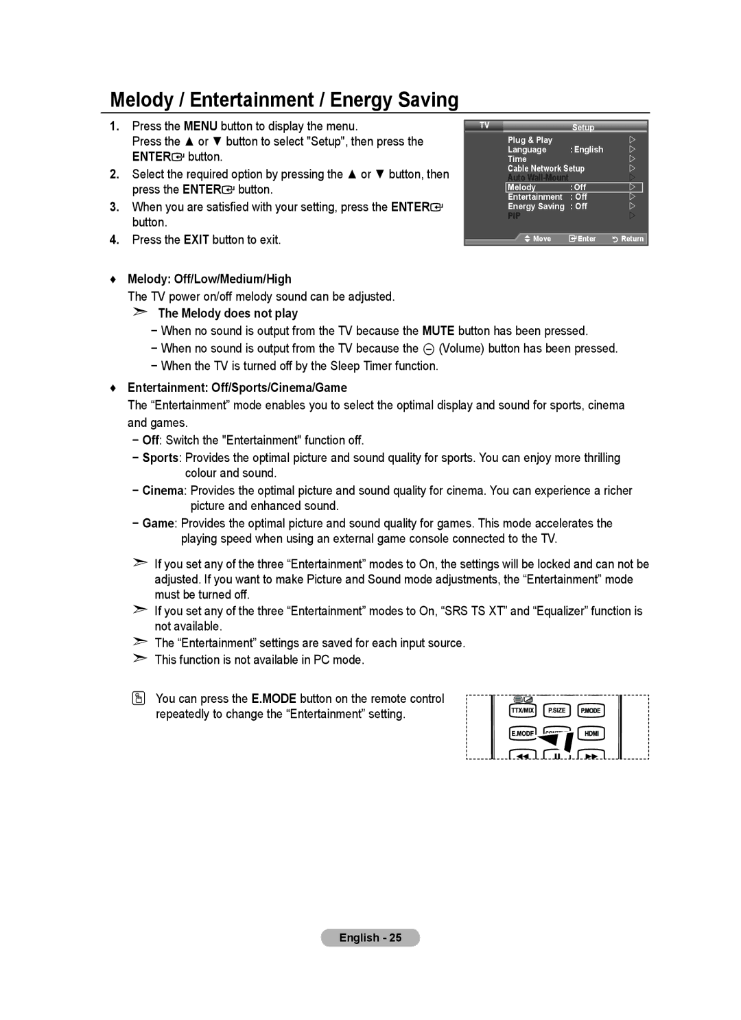 Samsung LA40A750R1R, LA52A750R1R Melody / Entertainment / Energy Saving, Melody Off/Low/Medium/High, Melody does not play 