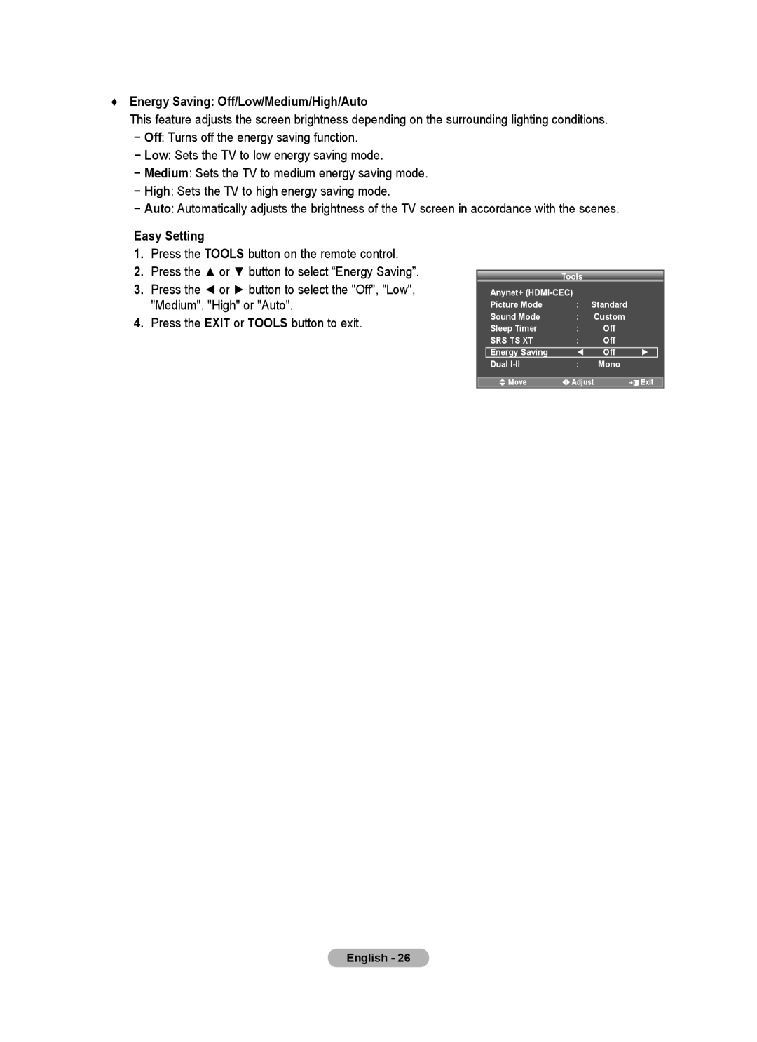 Samsung LA52A750R1R, LA40A750R1R, LA46A750R1R user manual Energy Saving Off/Low/Medium/High/Auto, Easy Setting 