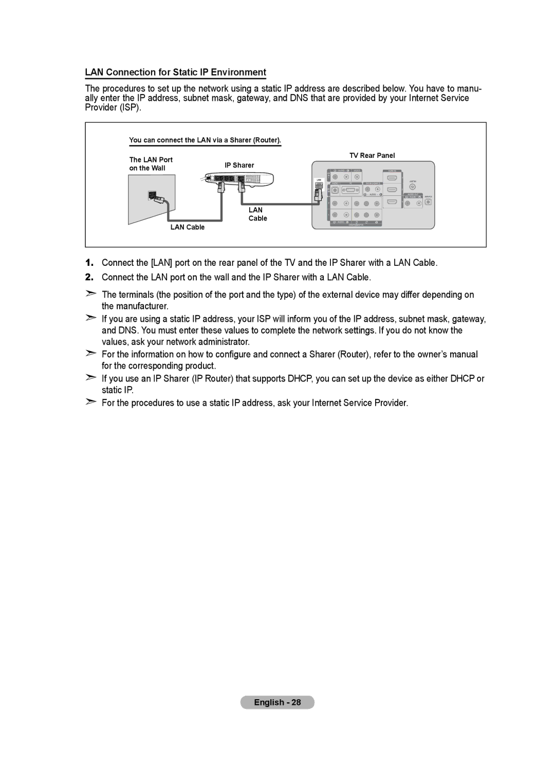 Samsung LA40A750R1R, LA52A750R1R, LA46A750R1R user manual LAN Connection for Static IP Environment 