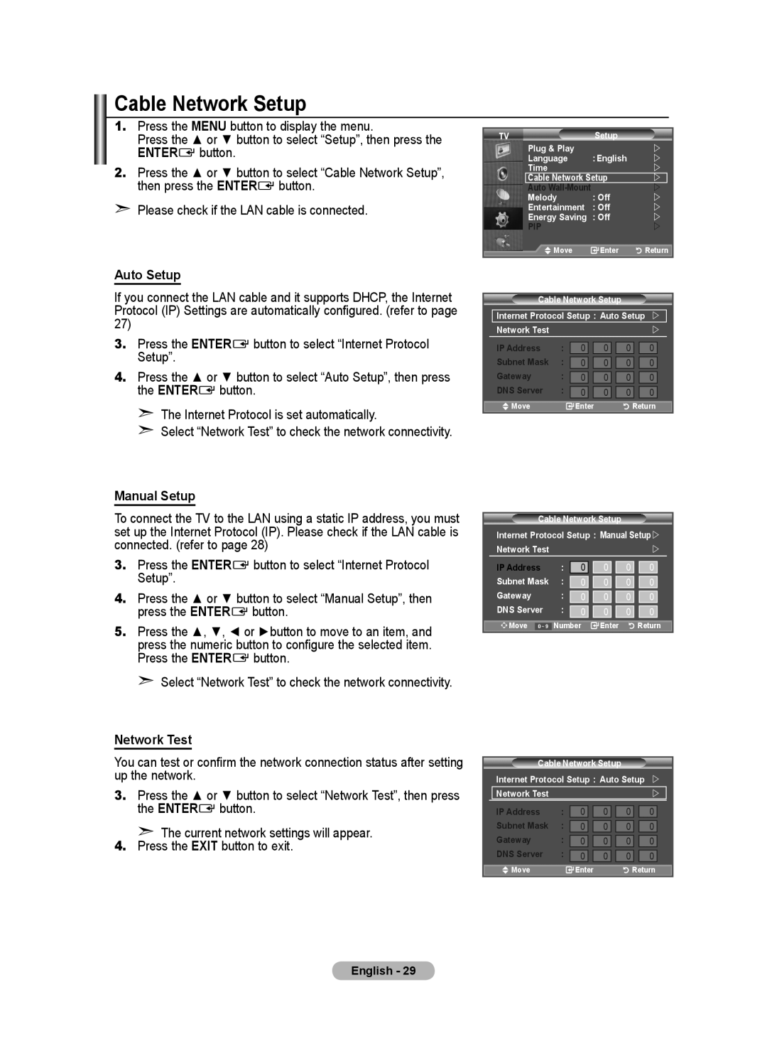 Samsung LA52A750R1R, LA40A750R1R, LA46A750R1R user manual Cable Network Setup, Auto Setup, Manual Setup, Network Test 