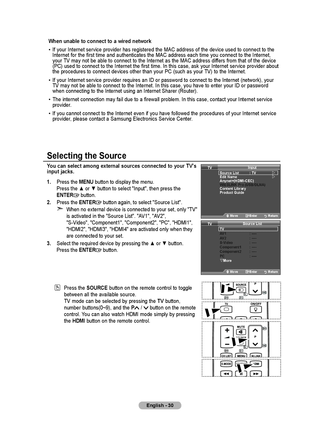 Samsung LA46A750R1R, LA40A750R1R, LA52A750R1R user manual Selecting the Source, When unable to connect to a wired network 