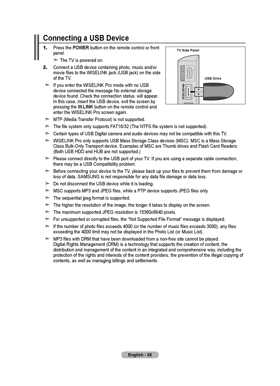 Samsung LA52A750R1R, LA40A750R1R, LA46A750R1R user manual Connecting a USB Device 