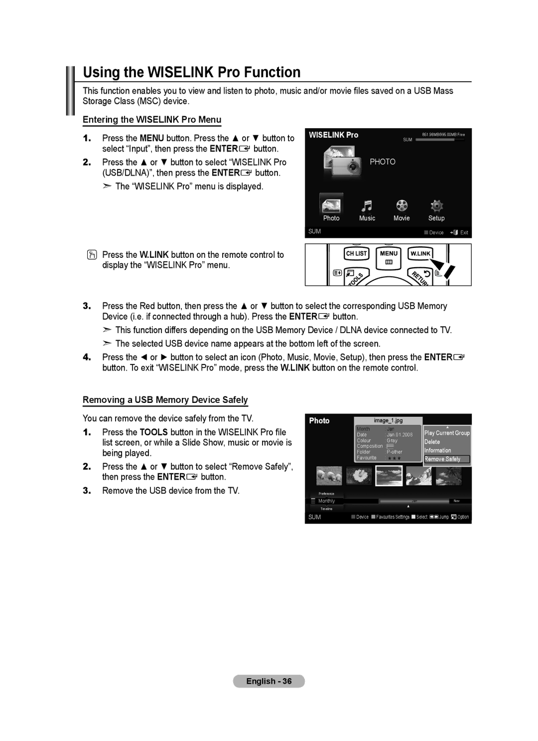 Samsung LA46A750R1R Using the Wiselink Pro Function, Entering the Wiselink Pro Menu, Wiselink Pro menu is displayed 