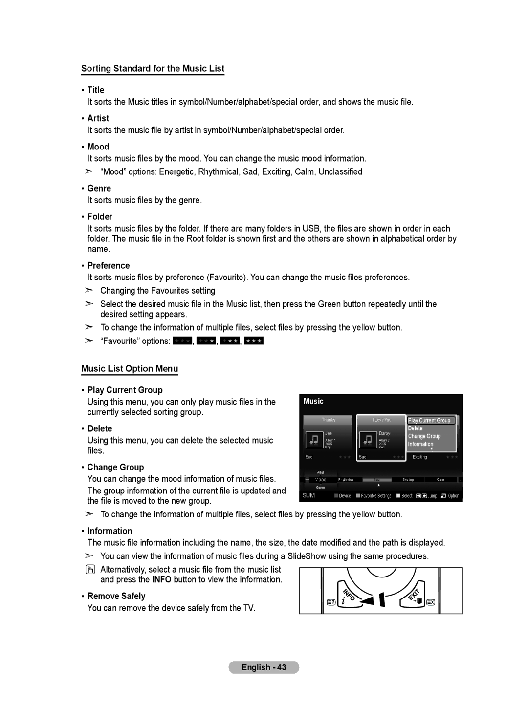 Samsung LA40A750R1R, LA52A750R1R, LA46A750R1R user manual Sorting Standard for the Music List Title, Artist, Mood, Genre 