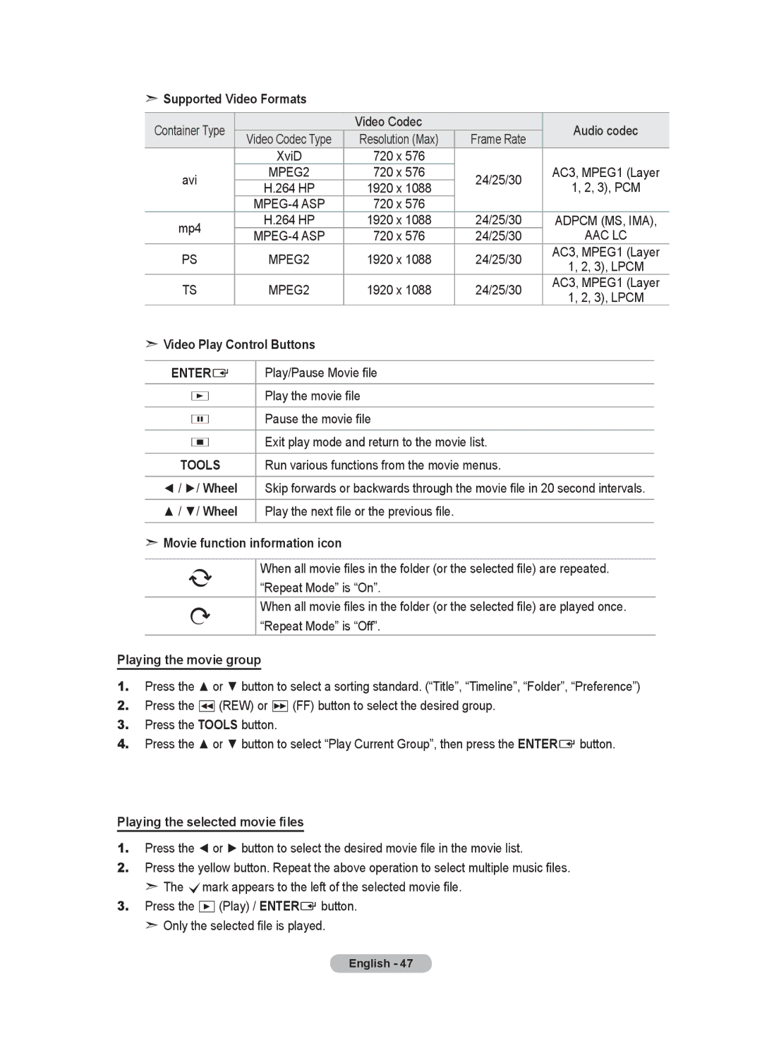 Samsung LA52A750R1R Supported Video Formats, Video Play Control Buttons, Play/Pause Movie file, Play the movie file 