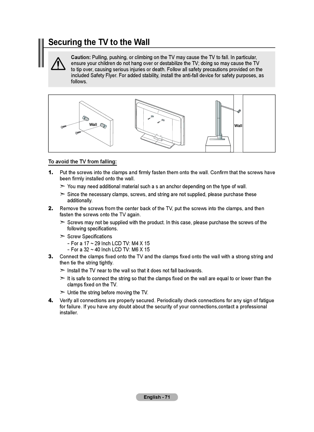 Samsung LA52A750R1R, LA40A750R1R, LA46A750R1R user manual Securing the TV to the Wall, To avoid the TV from falling 