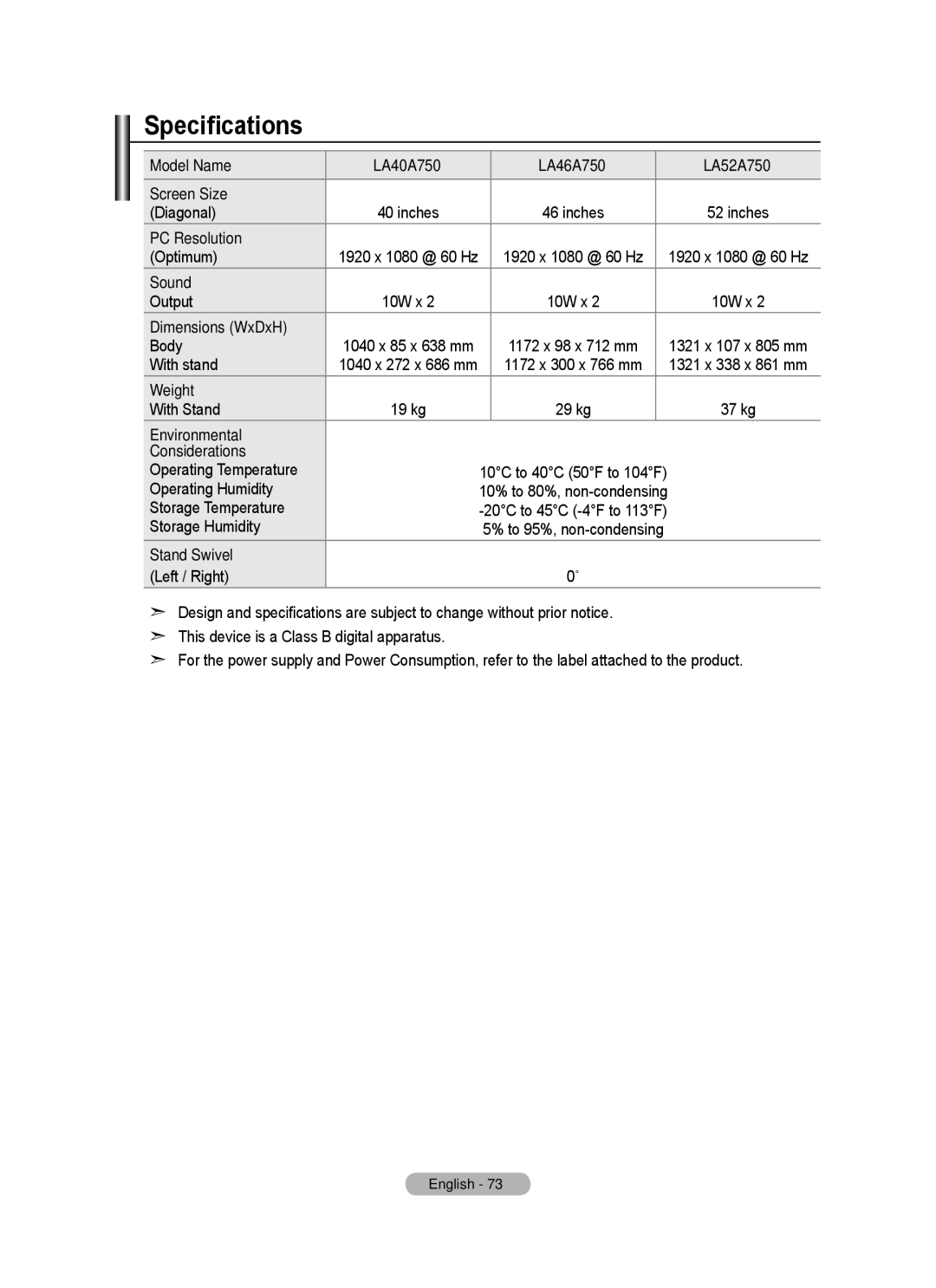 Samsung LA40A750R1R, LA52A750R1R, LA46A750R1R user manual Specifications 