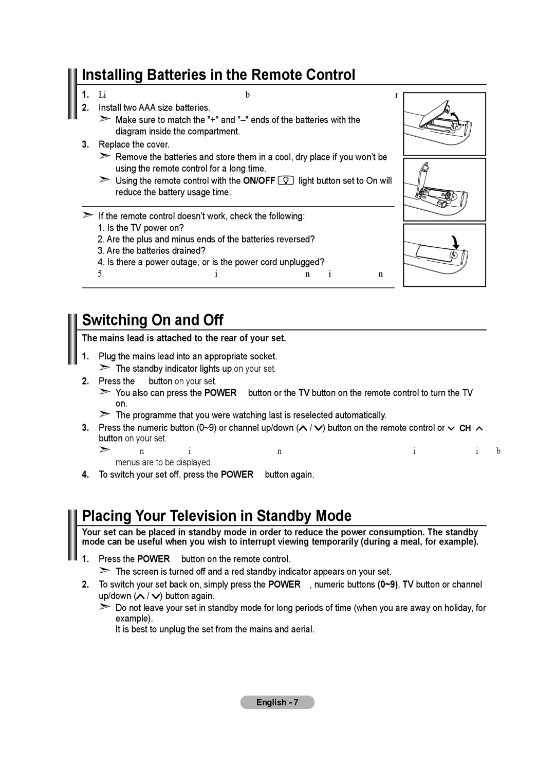 Samsung LA40A750R1R, LA52A750R1R, LA46A750R1R user manual Installing Batteries in the Remote Control, Switching On and Off 