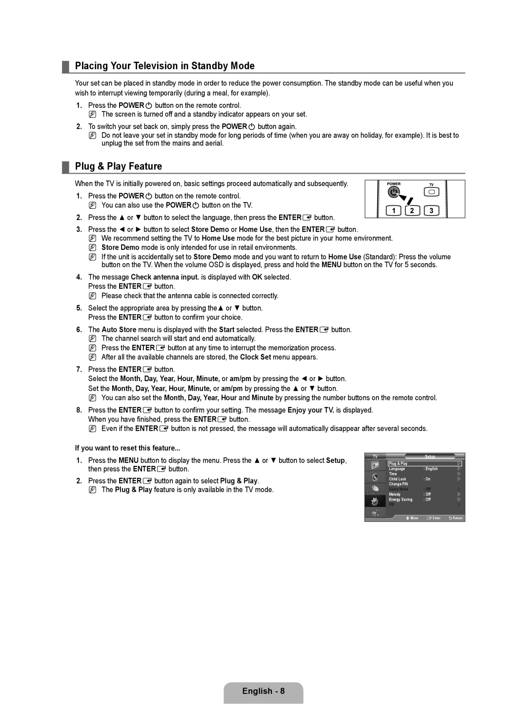 Samsung LA40B450 Placing Your Television in Standby Mode, Plug & Play Feature, If you want to reset this feature, Setup 