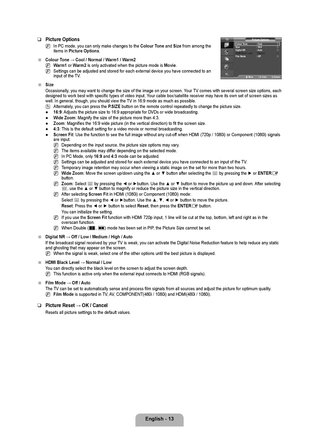 Samsung LA40B450 Picture Reset → OK / Cancel, Size, Digital NR → Off / Low / Medium / High / Auto, Film Mode → Off / Auto 