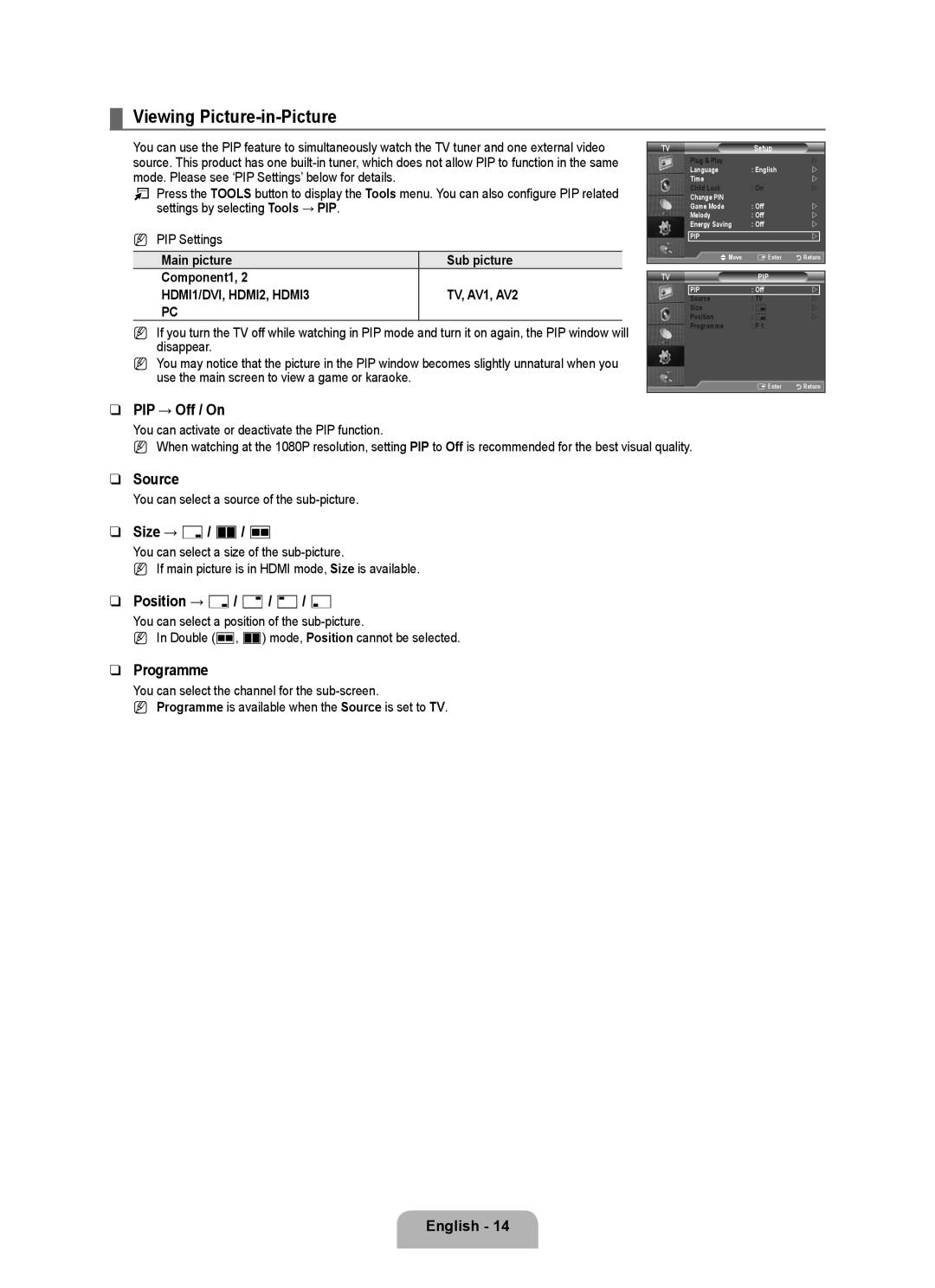 Samsung LA37B450, LA40B450, LA32B450, LA32B460, LA26B450 user manual Viewing Picture-in-Picture 