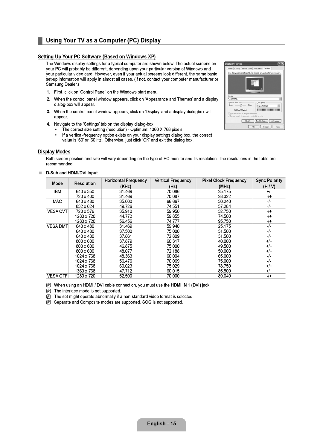 Samsung LA32B450 Using Your TV as a Computer PC Display, Setting Up Your PC Software Based on Windows XP, Display Modes 