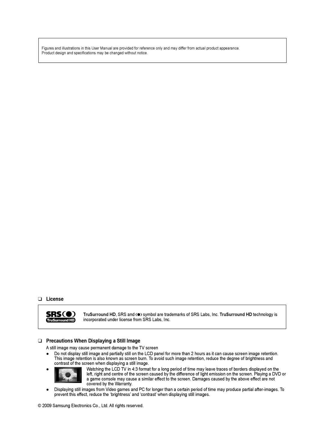 Samsung LA32B450, LA40B450, LA37B450, LA32B460, LA26B450 user manual License, Precautions When Displaying a Still Image 