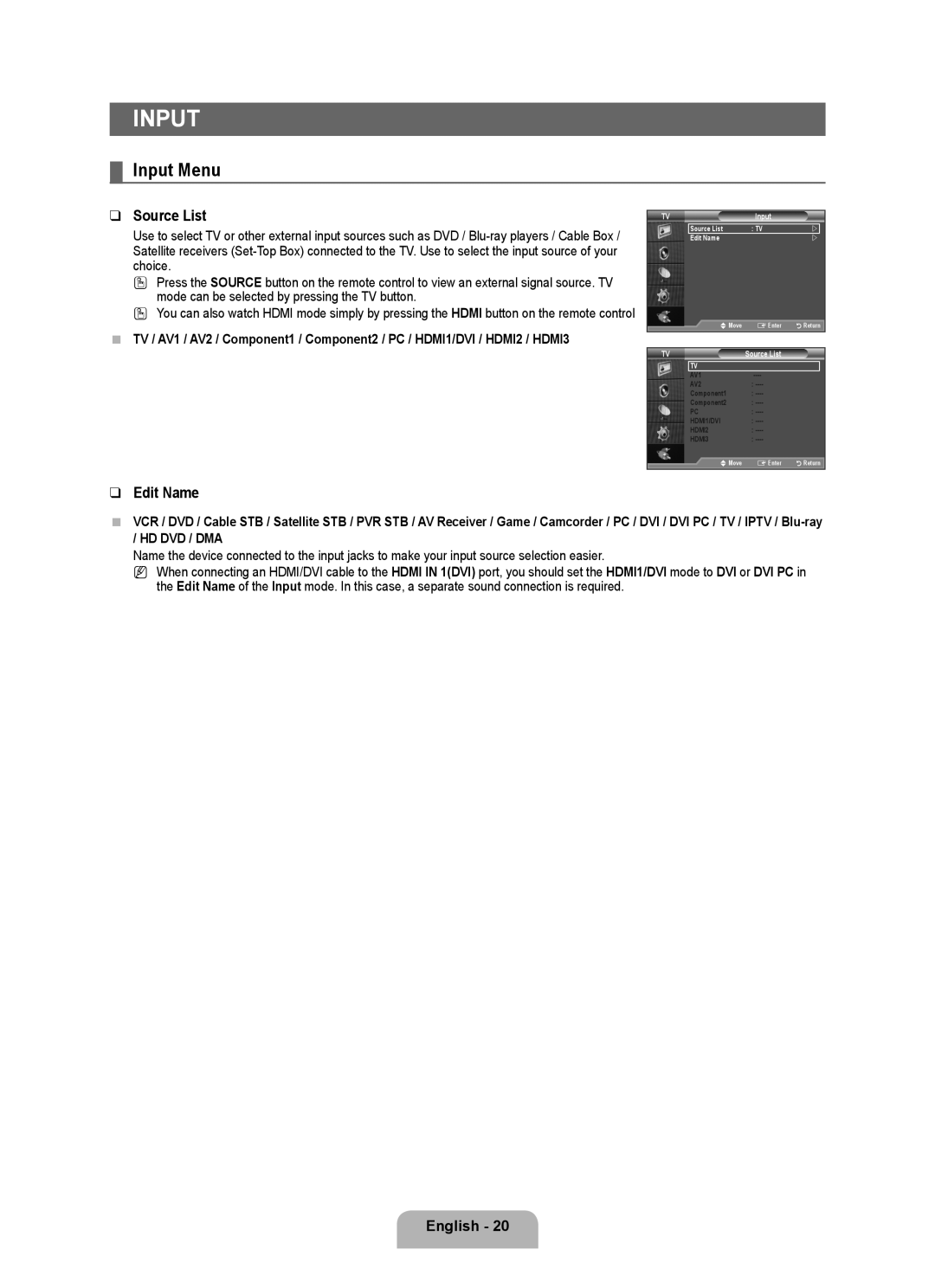 Samsung LA32B450, LA40B450, LA37B450, LA32B460, LA26B450 user manual Input Menu, Source List, Edit Name 