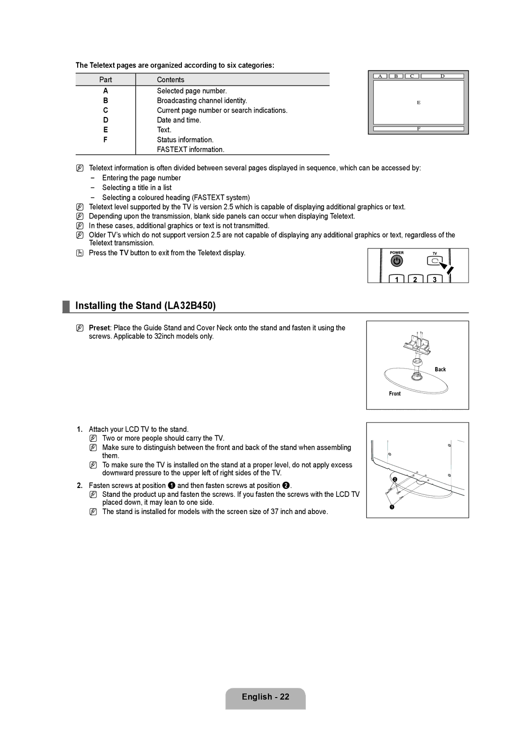 Samsung LA26B450, LA40B450 Installing the Stand LA32B450, Teletext pages are organized according to six categories, Part 