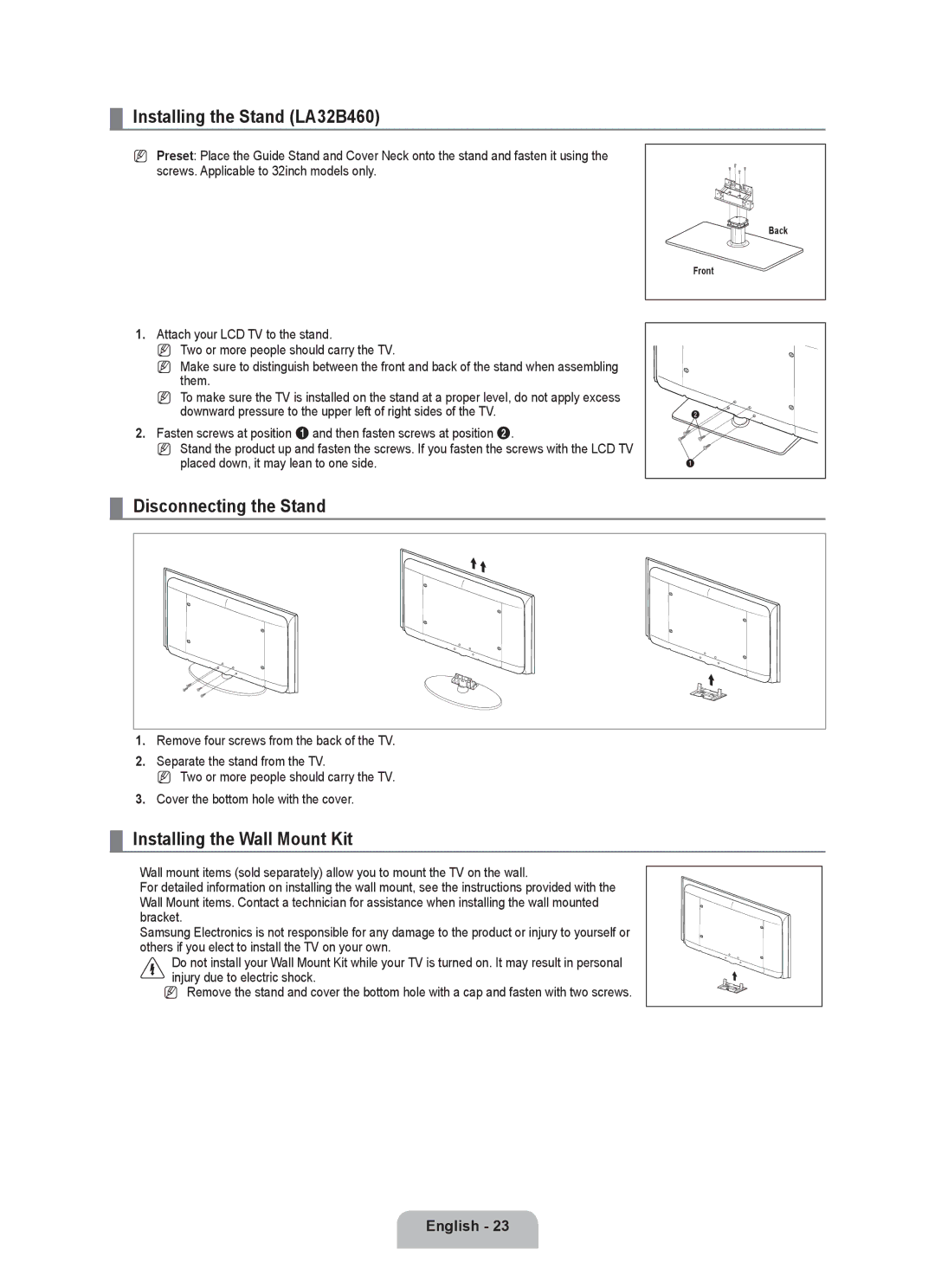 Samsung LA40B450, LA37B450, LA32B450 Installing the Stand LA32B460, Disconnecting the Stand, Installing the Wall Mount Kit 