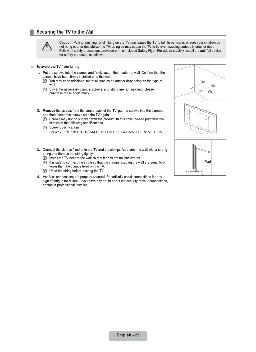 Samsung LA32B450, LA40B450, LA37B450 Securing the TV to the Wall, To avoid the TV from falling, Purchase these additionally 