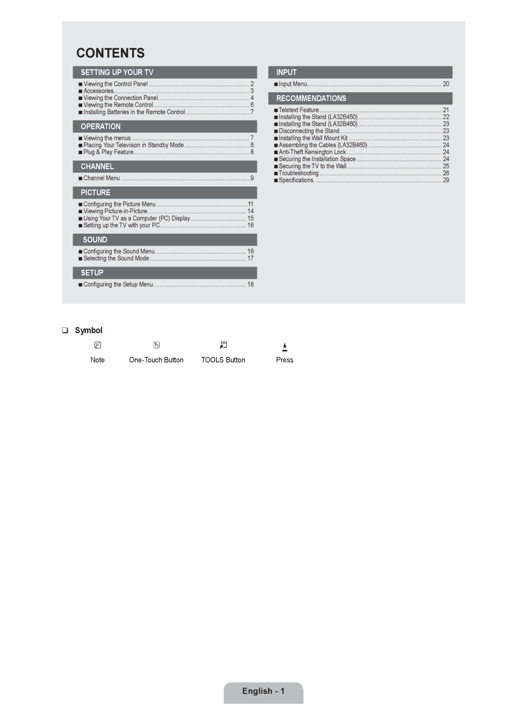 Samsung LA32B460, LA40B450, LA37B450, LA32B450, LA26B450 user manual Contents 